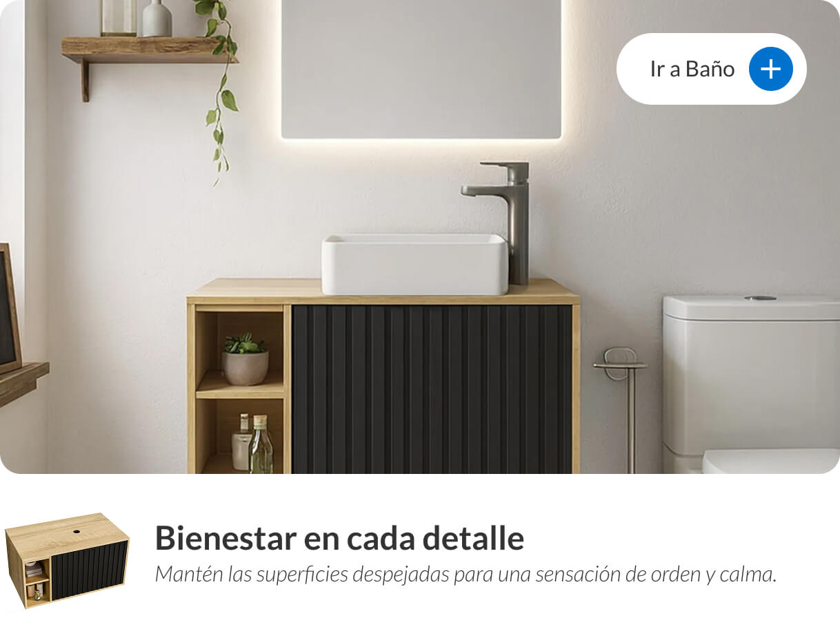 Decoración de baño con lavamanos sobre mesón de madera y un espejo