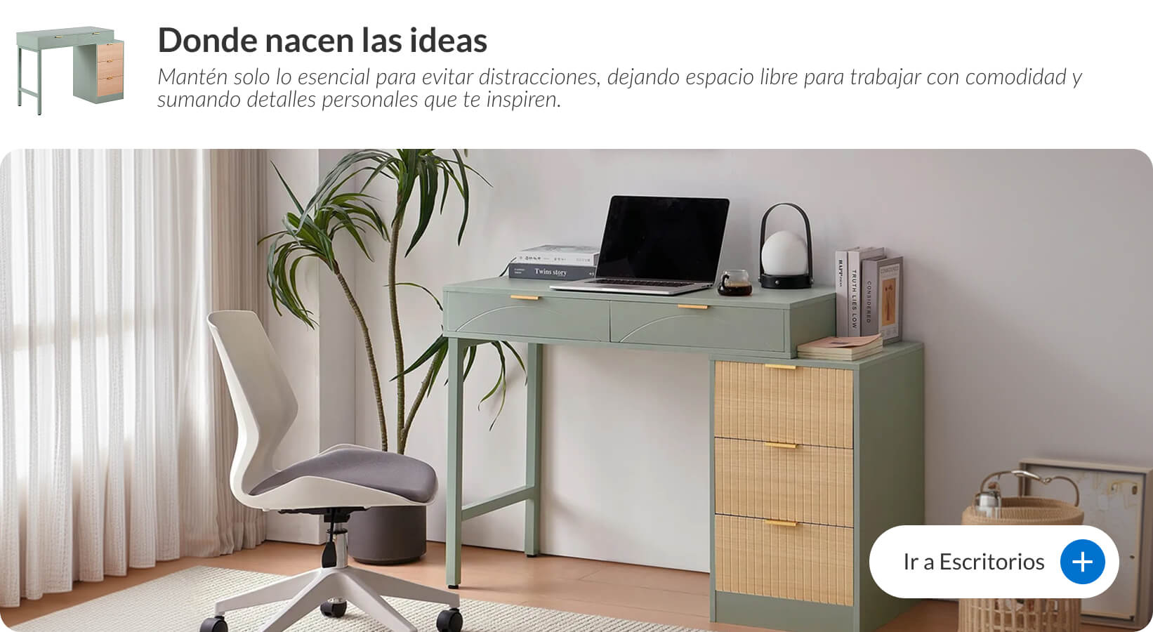 Escritorio de madera y metal estilo industrial con lámpara de cobre