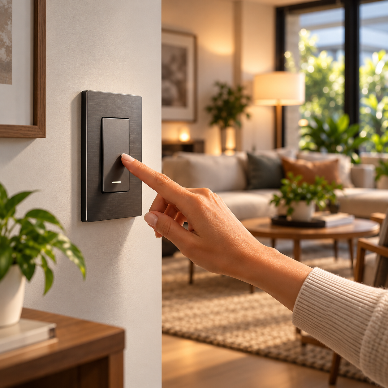 Mano encendiendo una placa eléctrica de pared