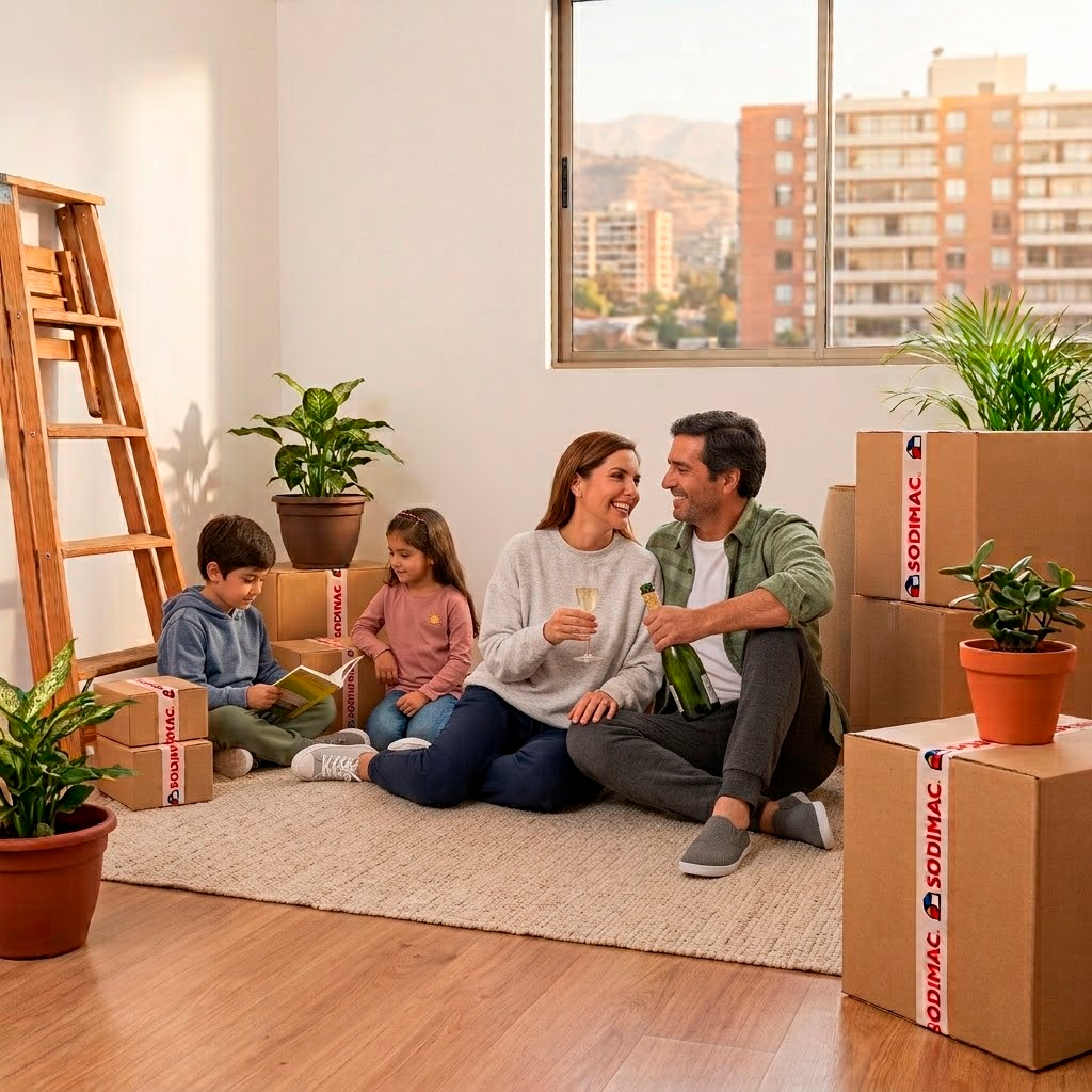 Familia feliz junto a cajas de mudanza con productos Sodimac para el Cyber Monday 2026