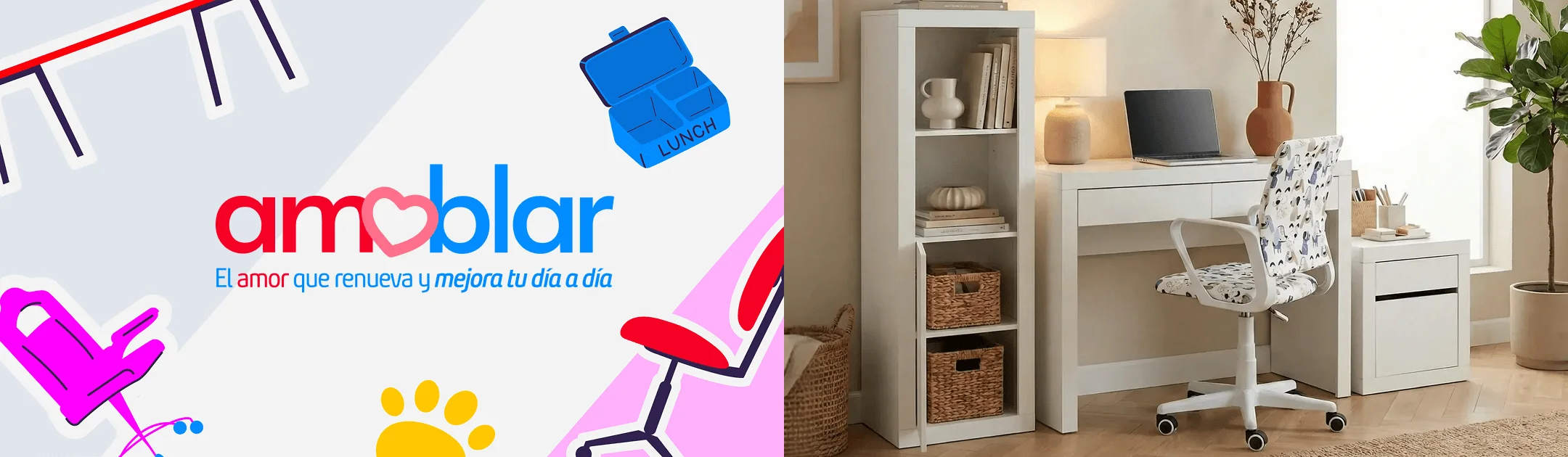 Banner principal Amoblar con logo, silla ergonómica y estantería blanca en ambiente luminoso