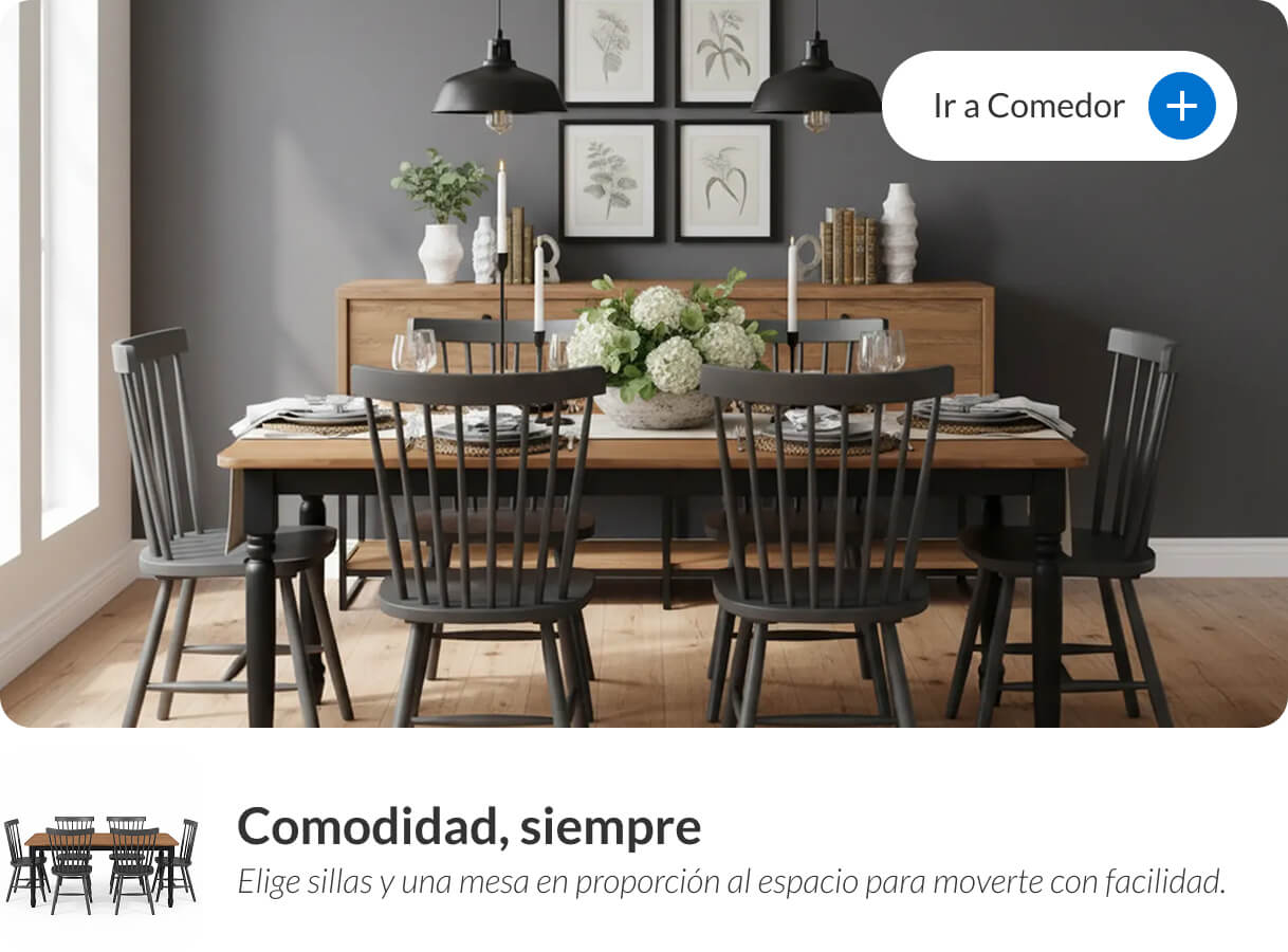 Mesa de comedor rectangular de madera con sillas en gris
