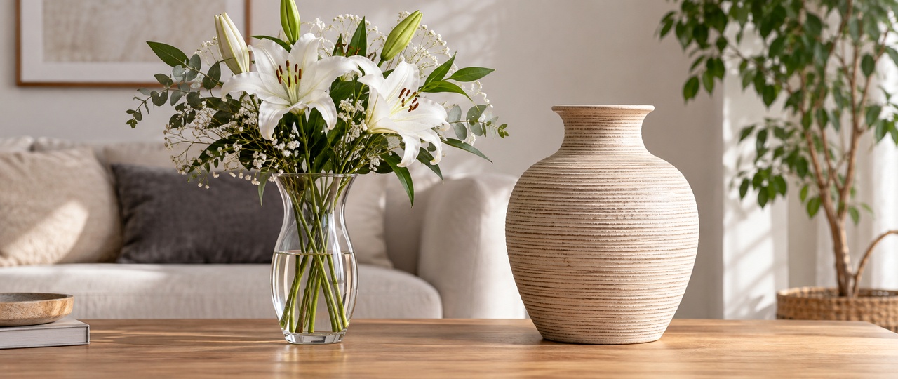 Florero con flores frescas junto a un jarrón decorativo