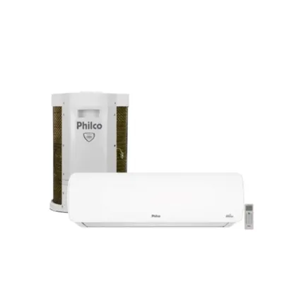 Ar-condicionado para quarto split Philco branco posicionado à frente da unidade externa