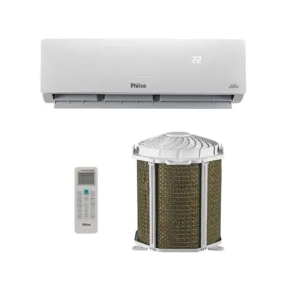 Kit ar-condicionado para quarto Philco com unidade interna, condensadora redonda e controle.