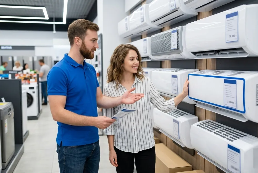 Casal avalia diferentes tipos de ar-condicionado em uma loja especializada com modelos de várias potências.