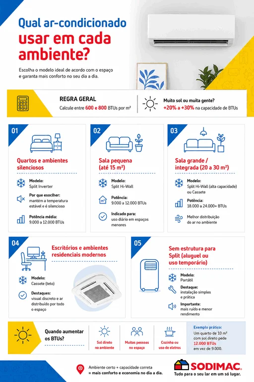 Infográfico ensinando como escolher e calcular a potência para diversos tipos de ar-condicionado por ambiente.